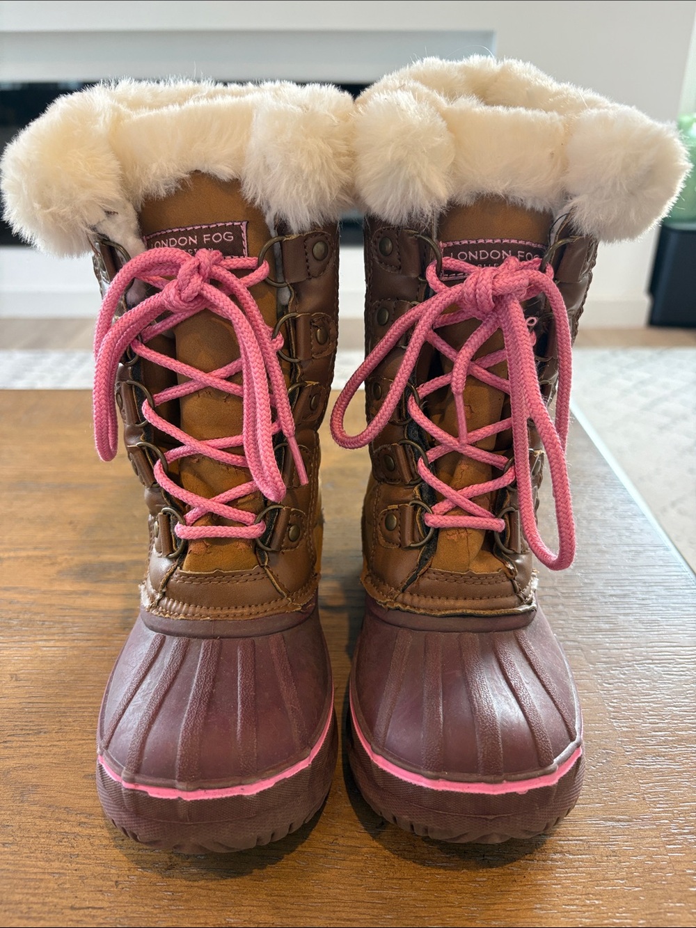 London Fog Brown Winter Duck Boots with Pink Laces and Trim
